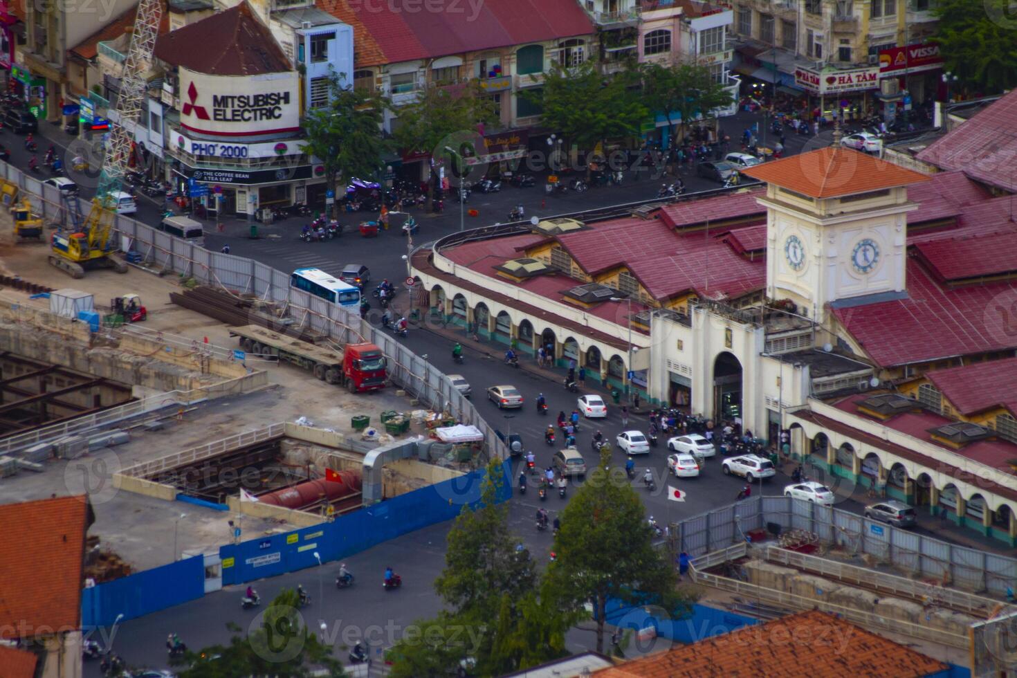 A traffic jam at Ben Thanh market in Ho Chi Minh Vietnam long shot photo