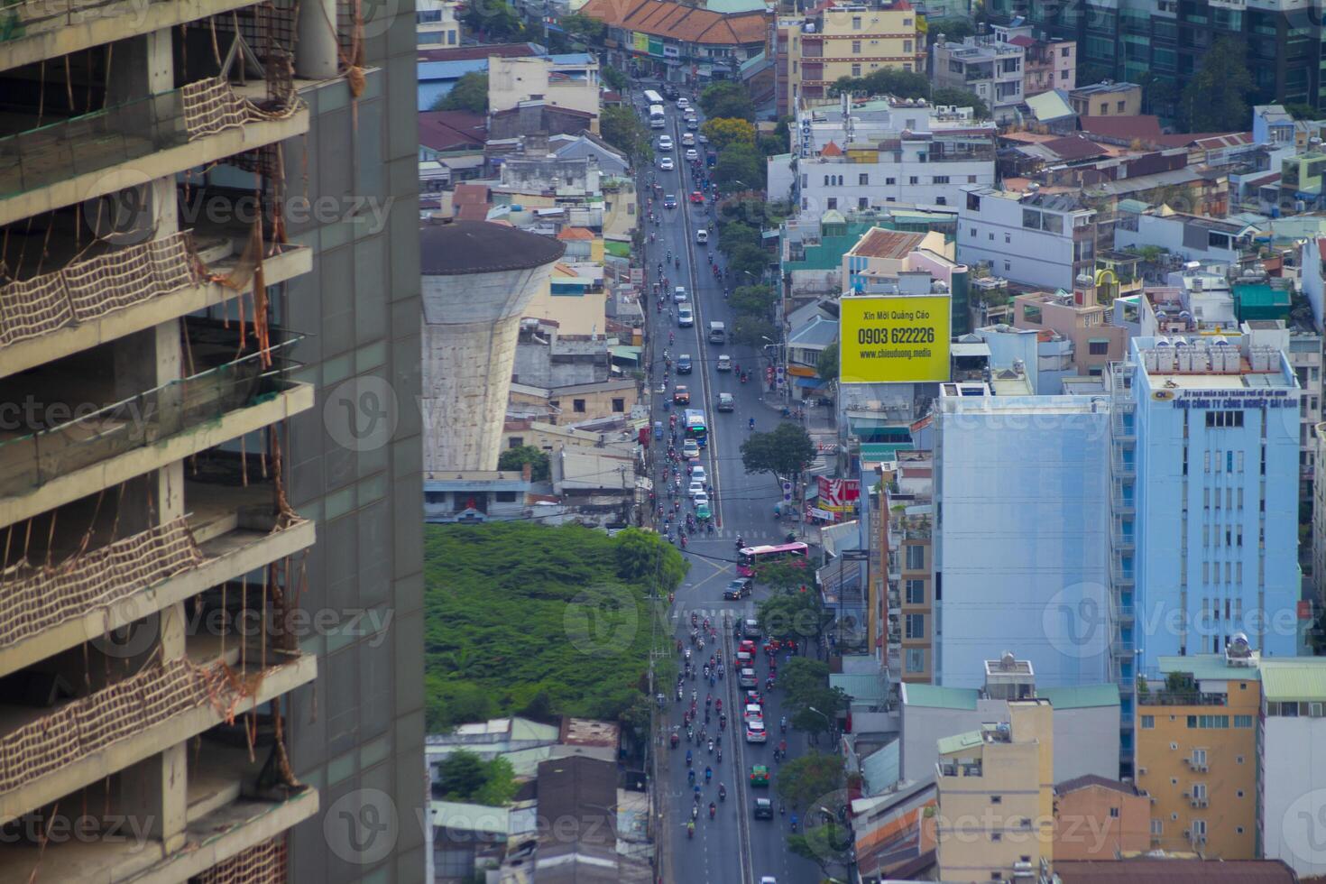 A traffic jam at the busy town in Ho Chi Minh high angle long shot photo
