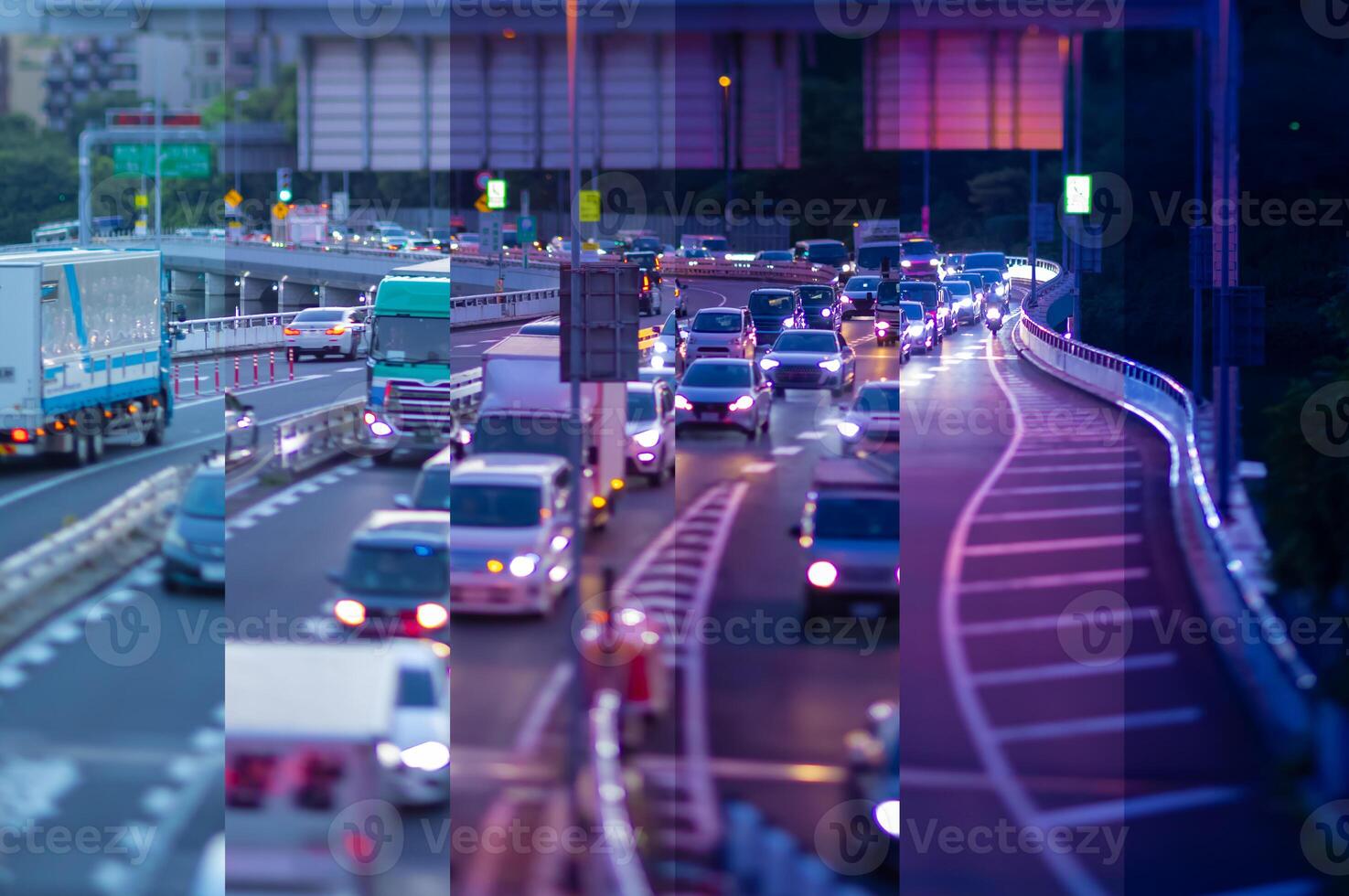 A sliced time lapse photography of miniature traffic jam on the city highway in Tokyo photo