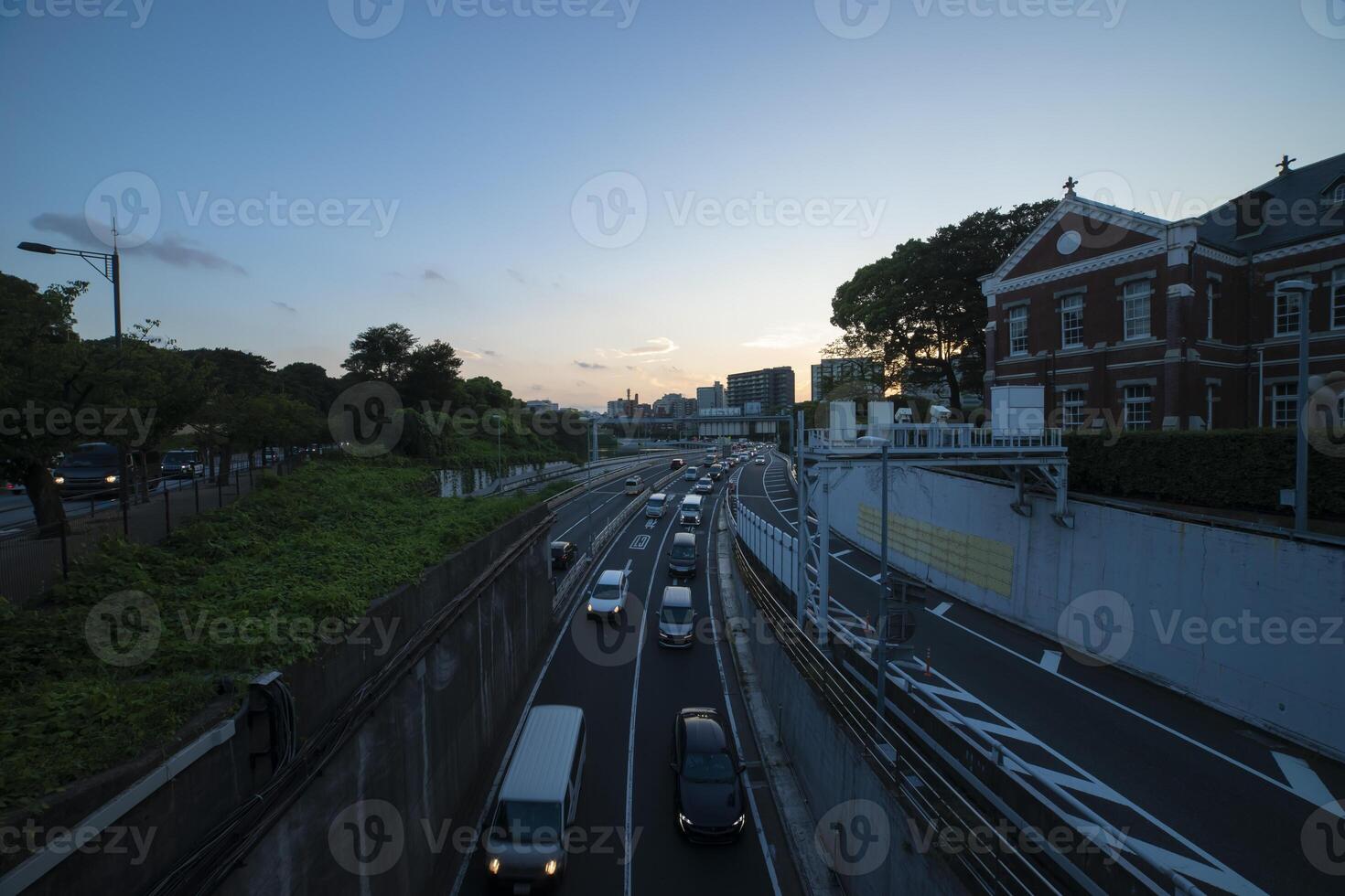 A dusk of traffic jam on the city highway in Tokyo wide shot photo