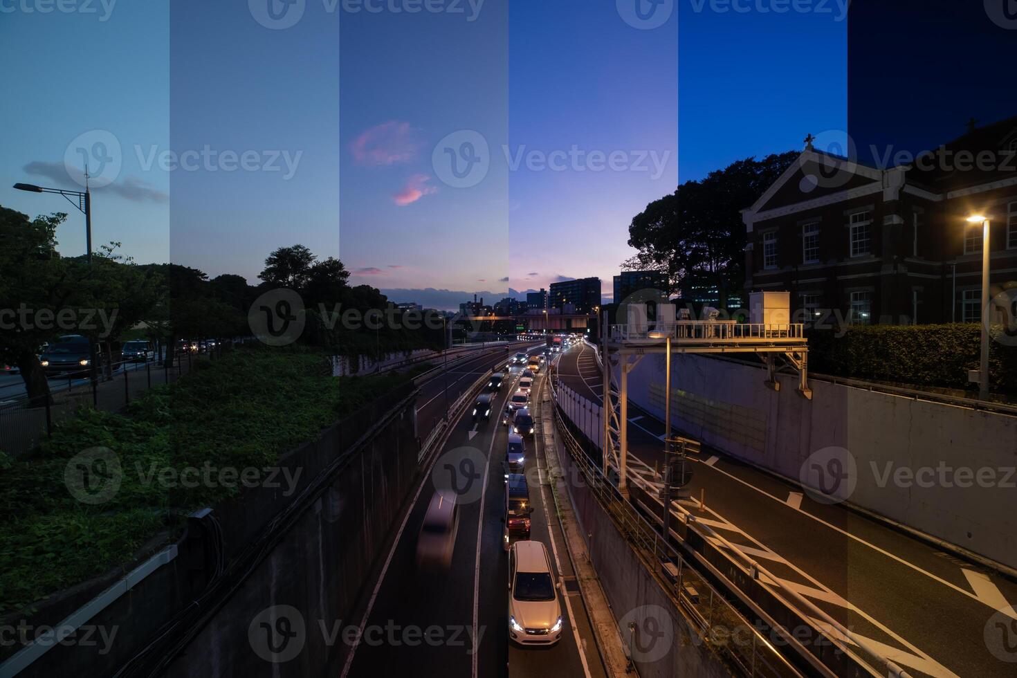 A sliced time lapse photography of traffic jam on the city highway in Tokyo wide shot photo