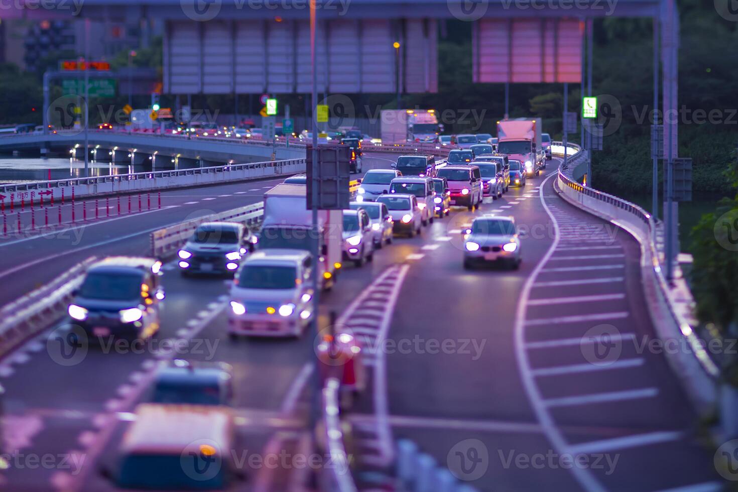 A dusk of miniature traffic jam on the city highway in Tokyo photo