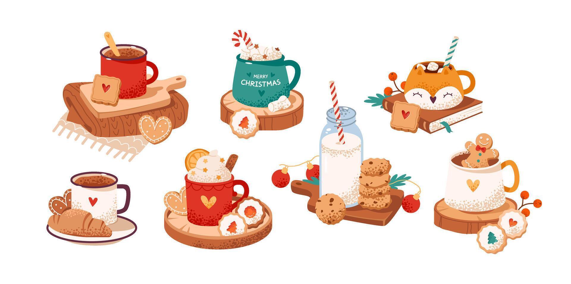 Hot cocoa topped with marshmallows and gingerbread. Christmas hot chocolate and whipped topping. Seasonal winter treats set vector