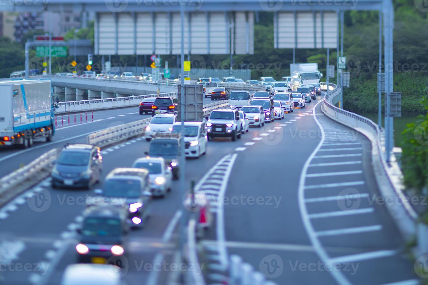 A dusk of miniature traffic jam on the city highway in Tokyo photo
