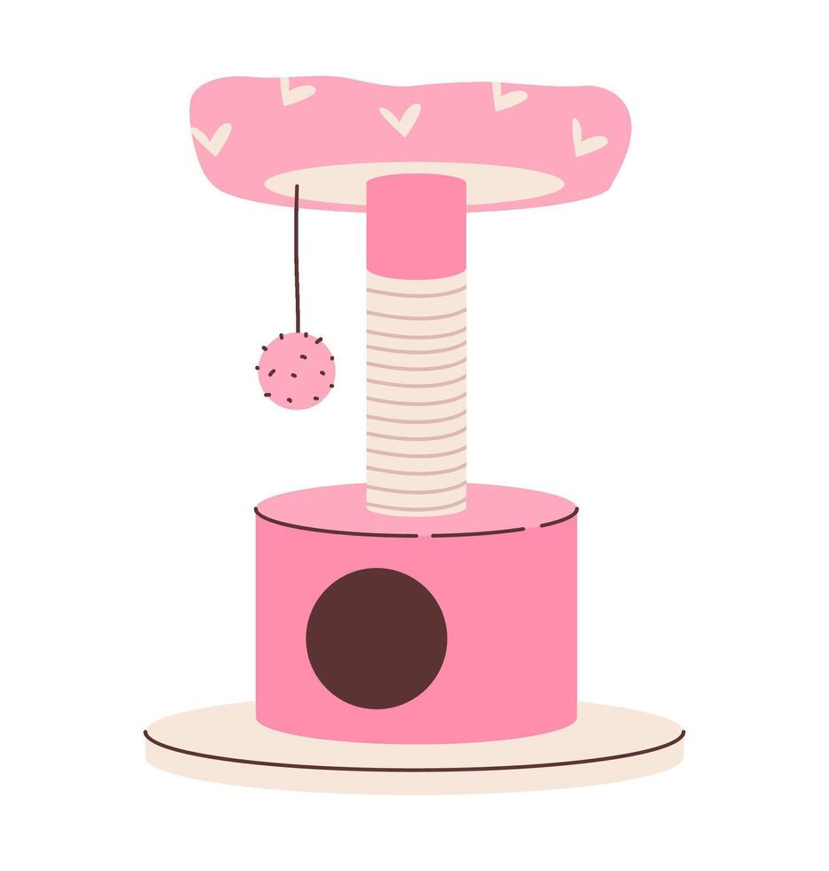 Scratching post, bed and house for cats. Accessories for pet sleep and play. Flat illustration vector