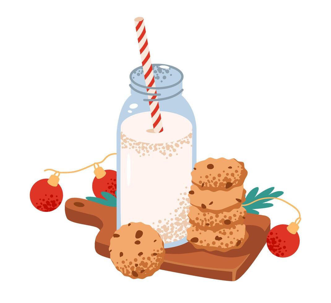 A bottle of milk with a straw and gingerbread cookies. Festive Christmas drink with sweets. Flat illustration vector