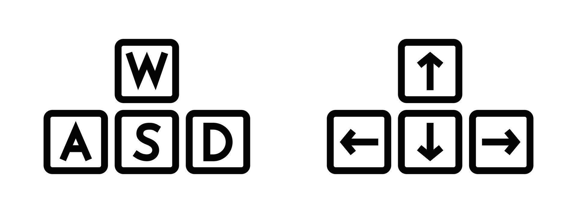 Minimalist black and white line icons of arrow keys and WASD keys, representing gaming controls and keyboard shortcuts. Editable stroke. vector