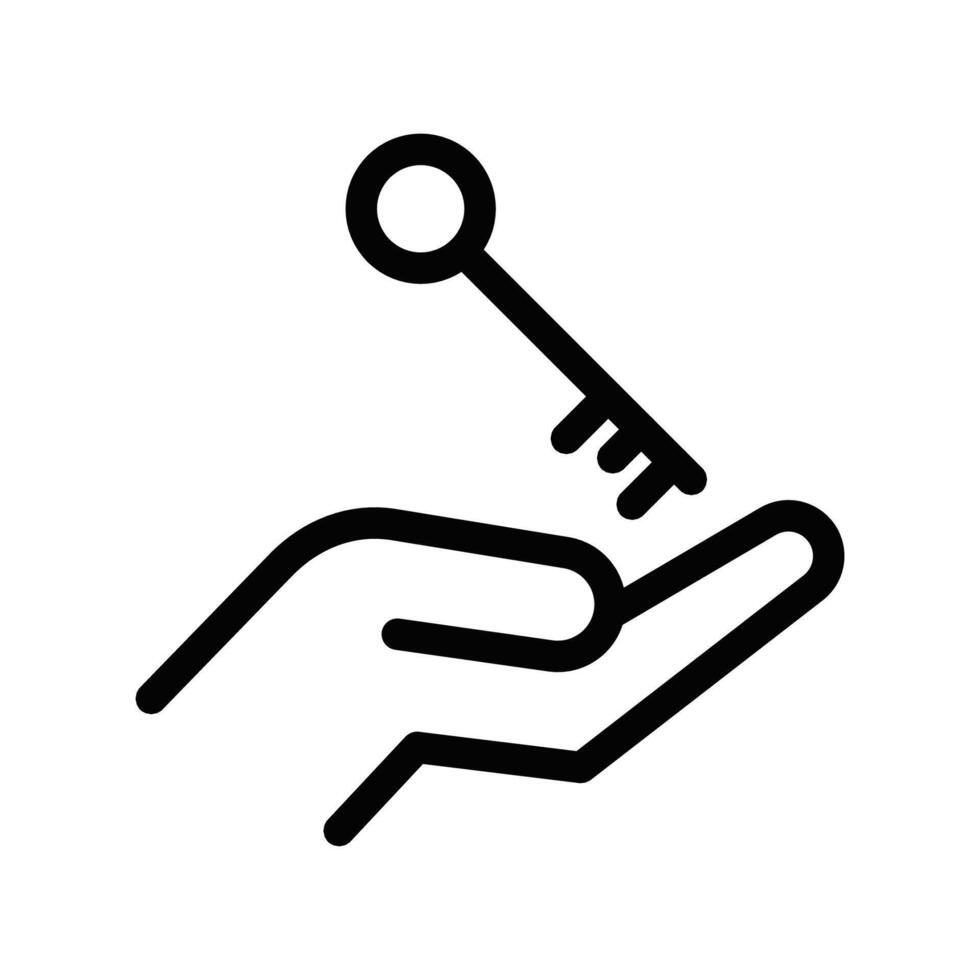 Simple black and white line icon of a hand holding a key, symbolizing security, access, and real estate. Editable stroke. vector