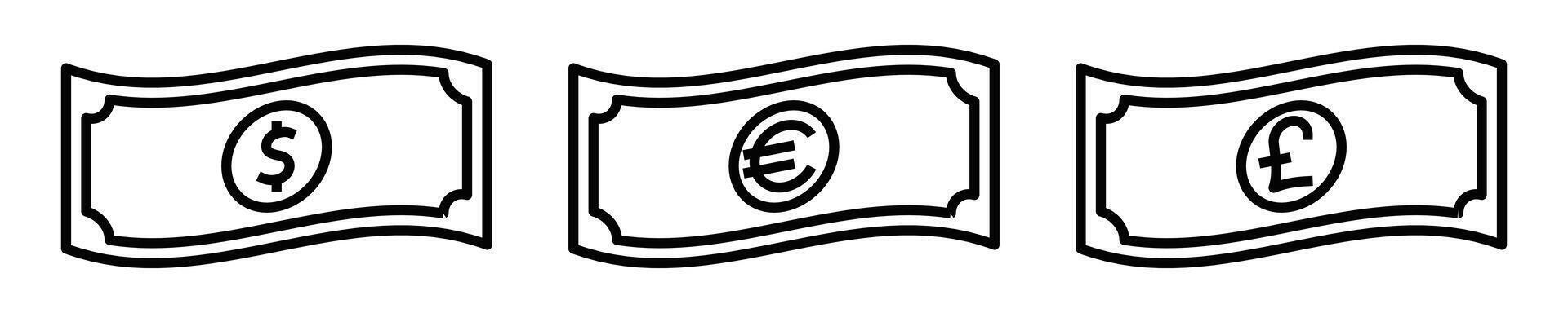 Black and white currency symbols for dollar, euro, and pound on bills. Globale stroke. vector