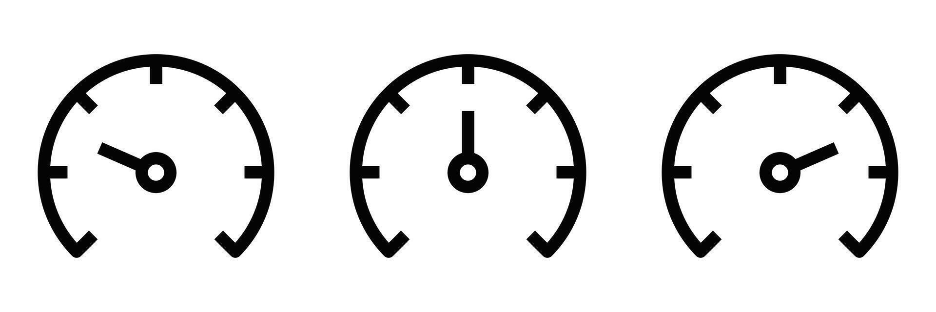 Set of three speedometer icons in minimalist style, symbolizing performance, speed, and measurement. Editable stroke. vector