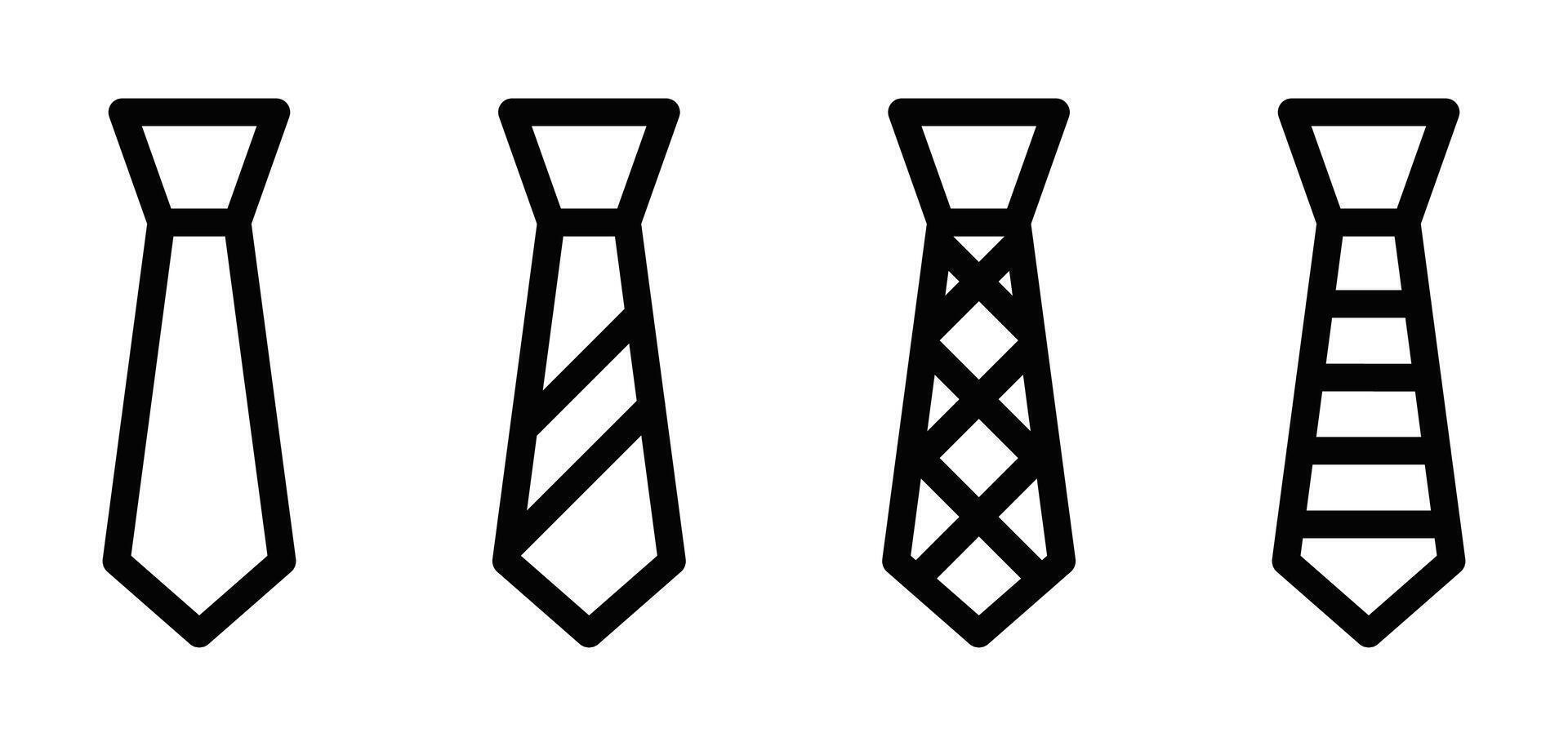 Set of four black and white line icons of neckties with various patterns, symbolizing business, fashion, and professionalism. Editable stroke. vector