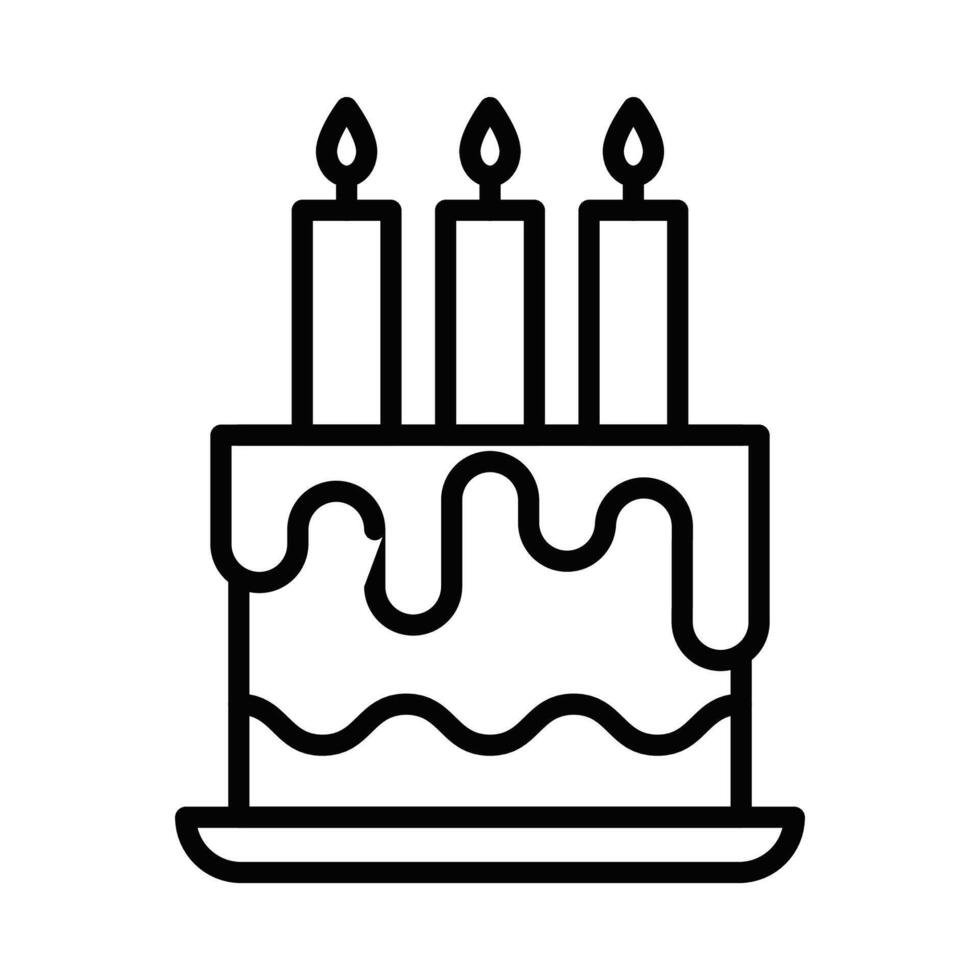 Black outline illustration of a birthday cake with candles. This icon is ideal for celebration, party, and birthday themes. Editable stroke. vector