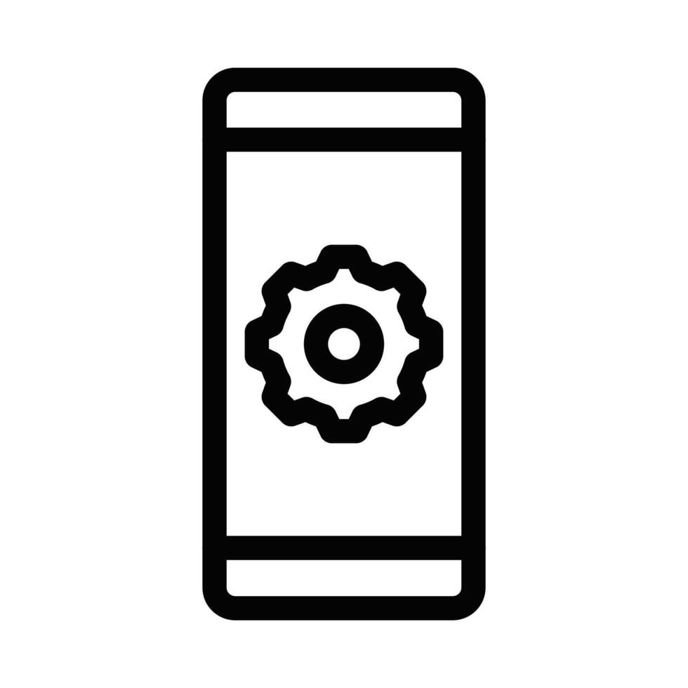 Icon of a mobile screen with a gear, representing mobile settings and configuration. Simple black and white design. Editable stroke. vector
