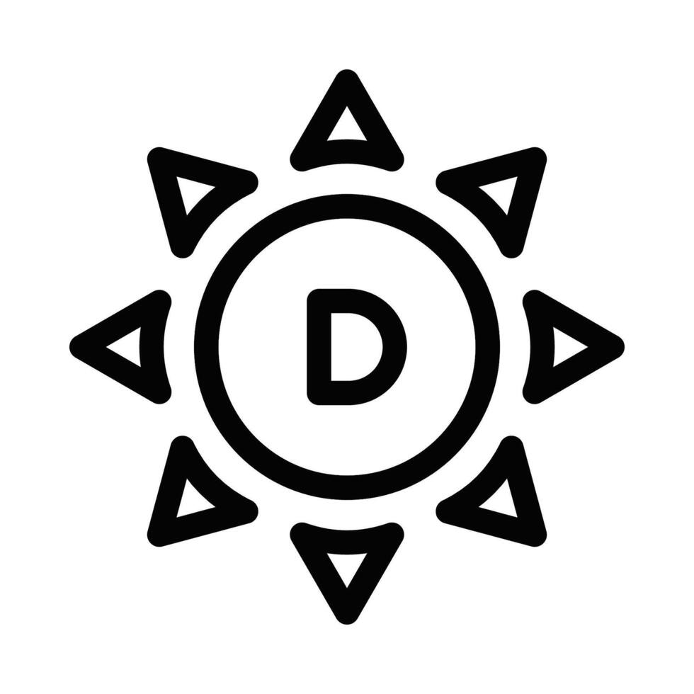 Icon of a sun with the letter D, representing vitamin D and sunlight. Simple black and white design, ideal for health-related themes. Editable stroke. vector