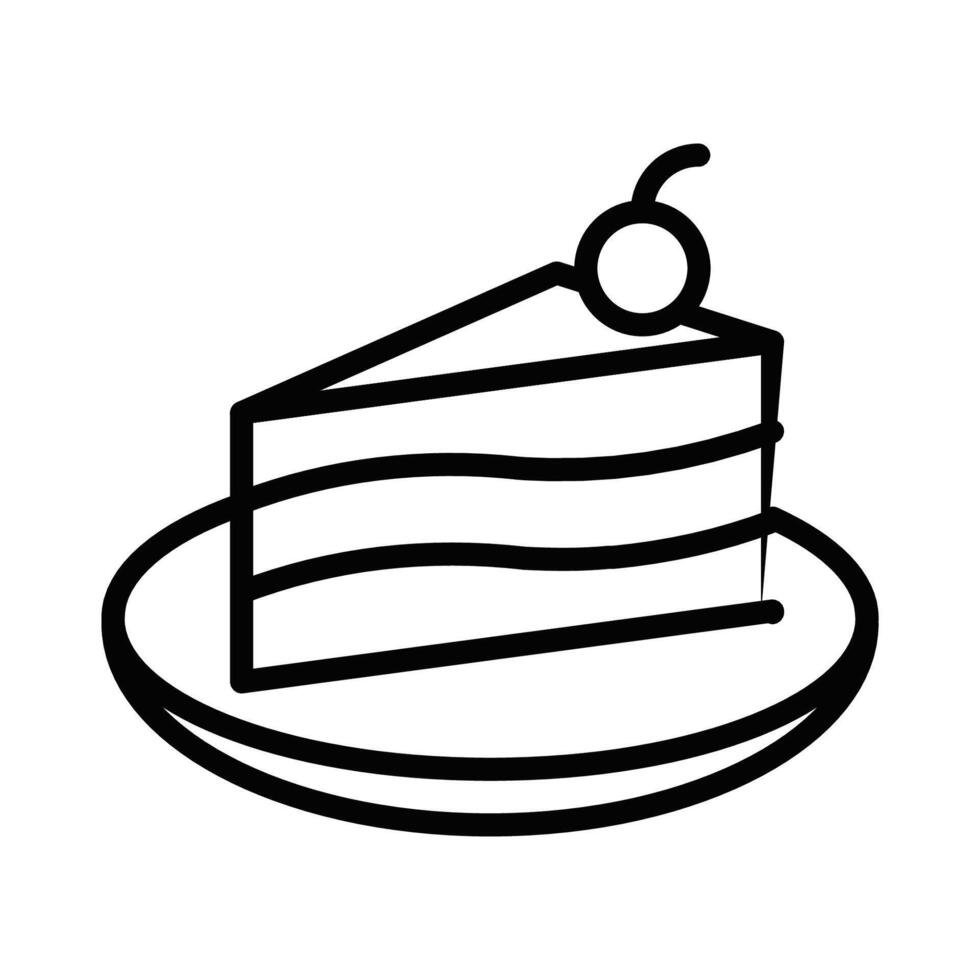 Black outline illustration of a cake slice on a plate with a cherry on top. This icon represents dessert, celebration, and bakery themes. Editable stroke. vector