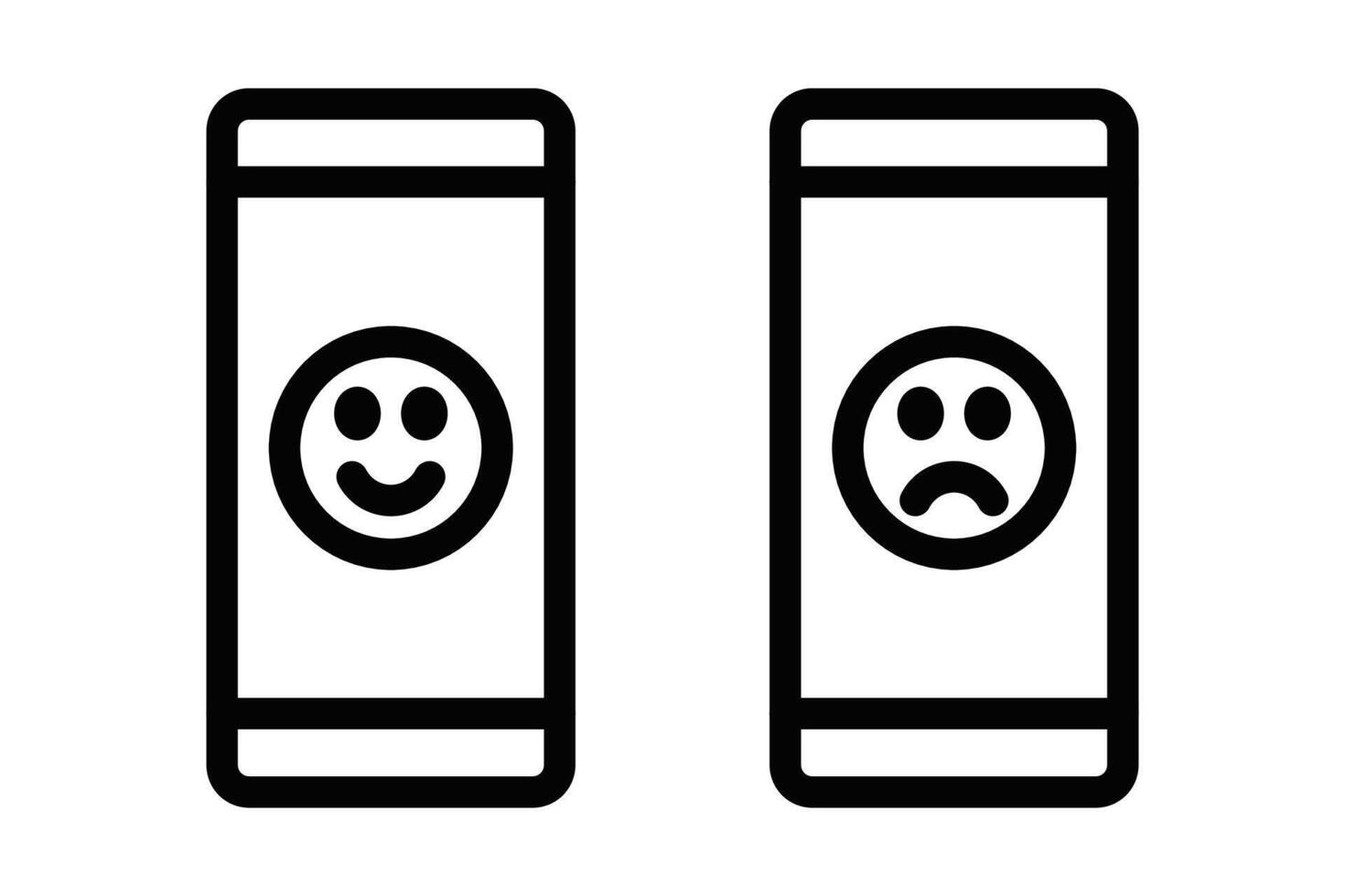 Icons of mobile screens displaying happy and sad faces, representing user feedback and satisfaction. Simple black and white design. Editable stroke. vector