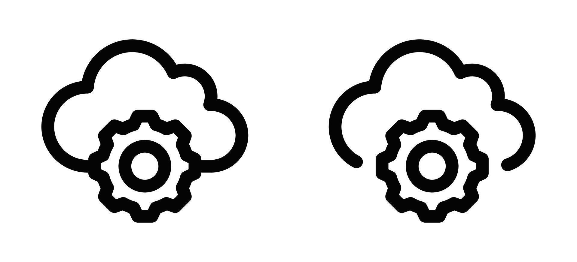 Icons of clouds with gears, representing cloud computing, settings, and technology themes. Simple black and white design. Editable stroke. vector