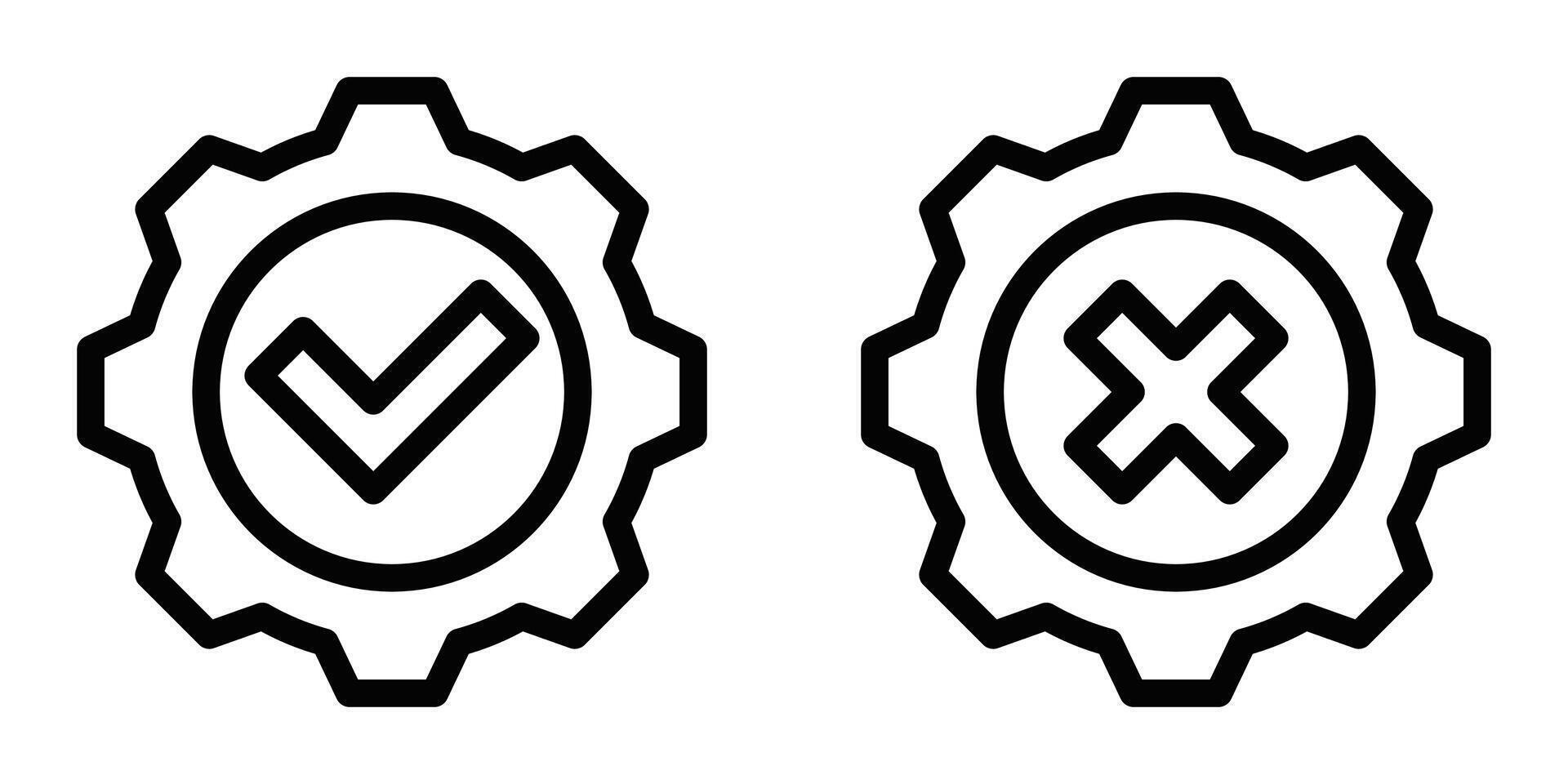 Icons of a gear with checkmark and cross symbols, representing settings, approval, and rejection. Editable stroke. vector