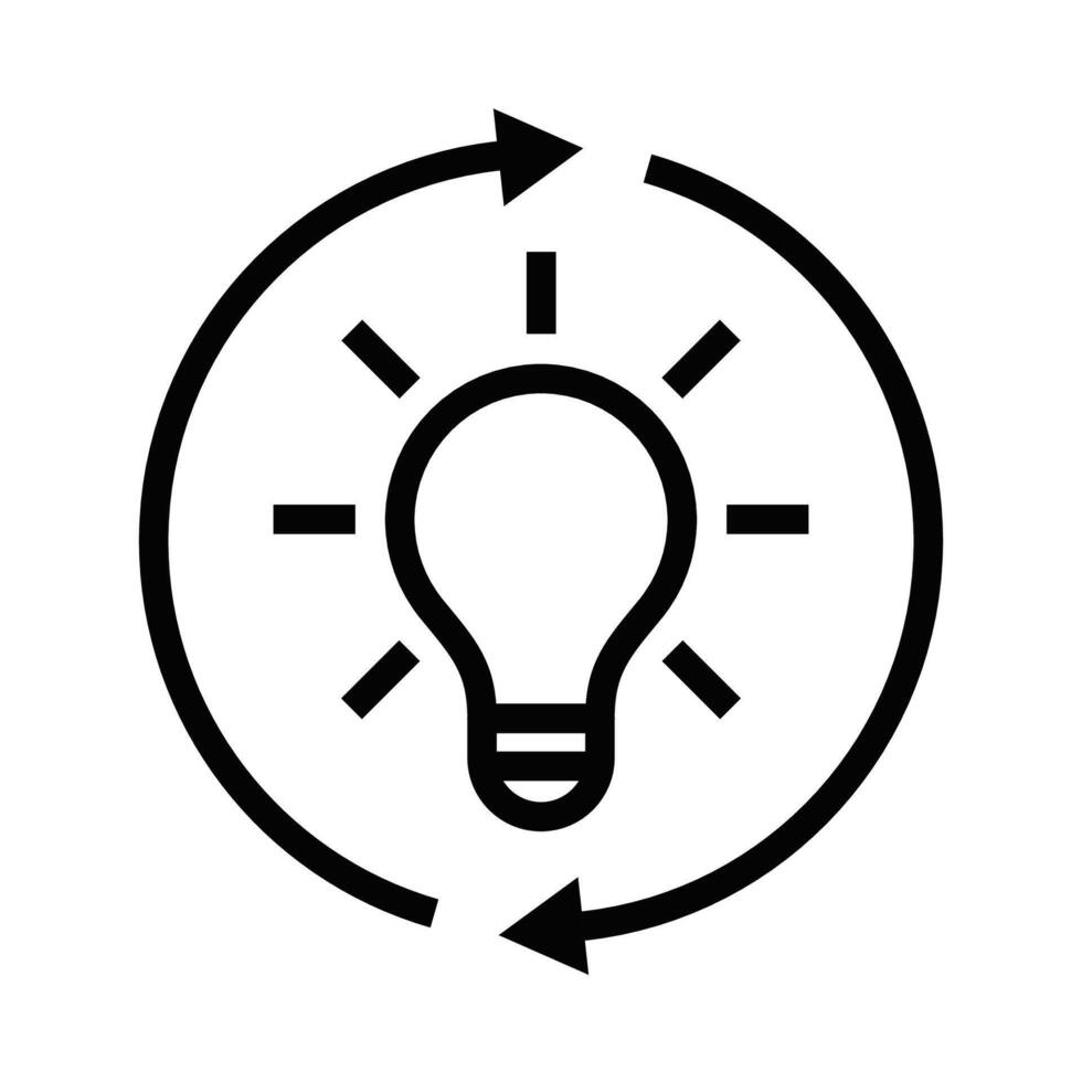 Icon of a light bulb surrounded by arrows, representing innovation, ideas, and creativity. Editable stroke. vector