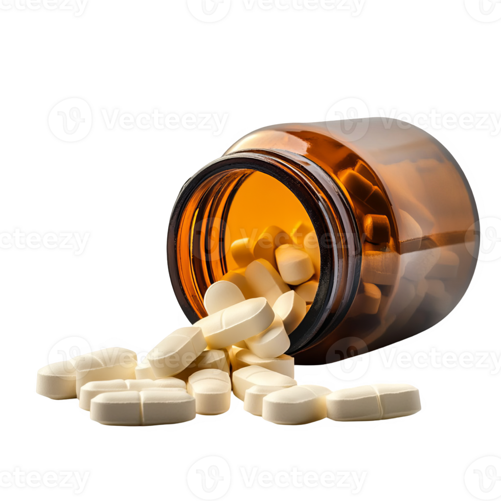 Open bottle of medicine pills is lying transparent background png