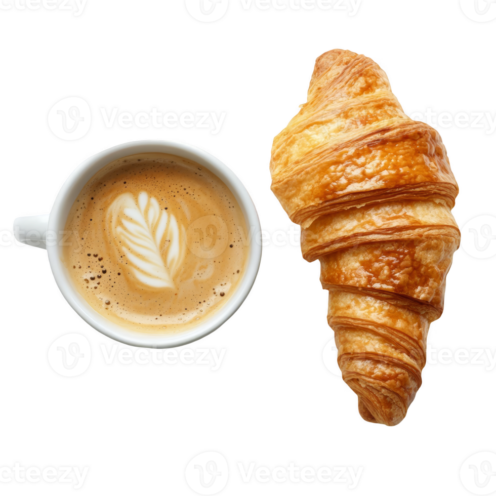 Coffee cup and fresh croissant top view transparent background png