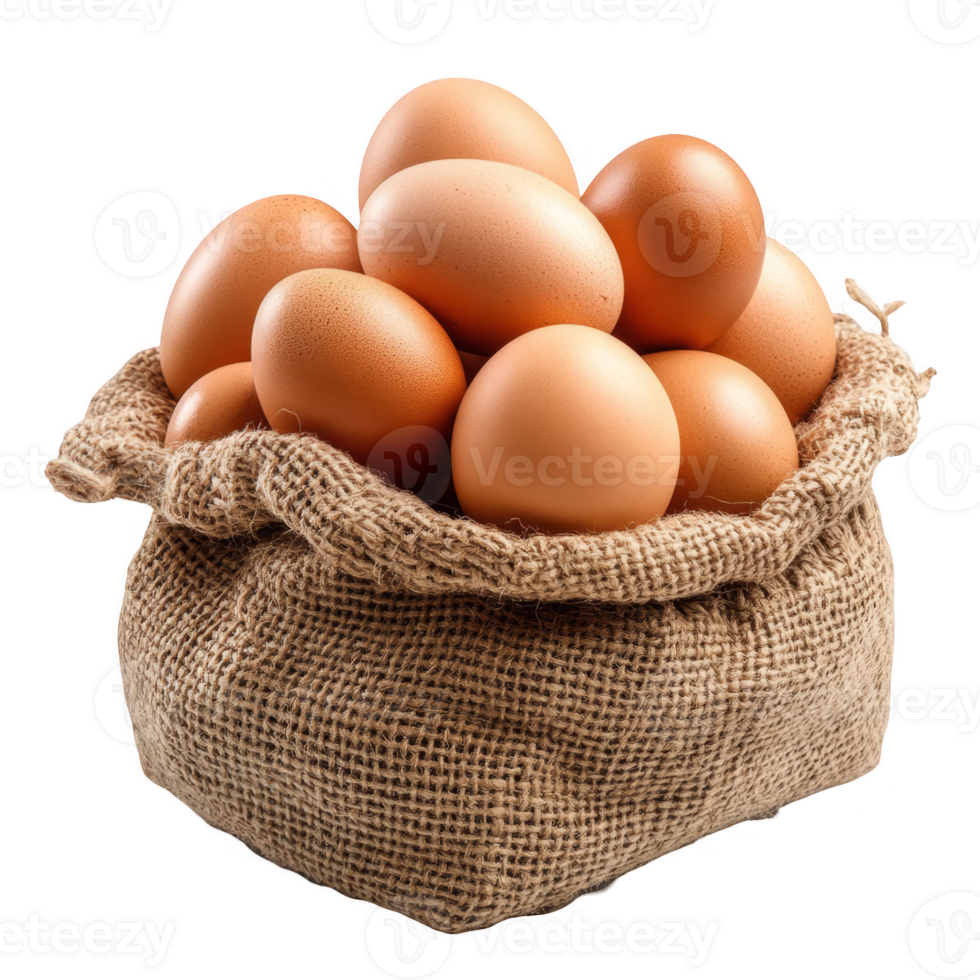 Fresh chicken eggs in burlap sack transparent background png