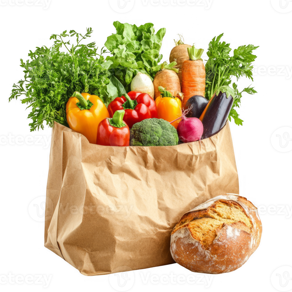 A paper bag filled with vegetables and bread png