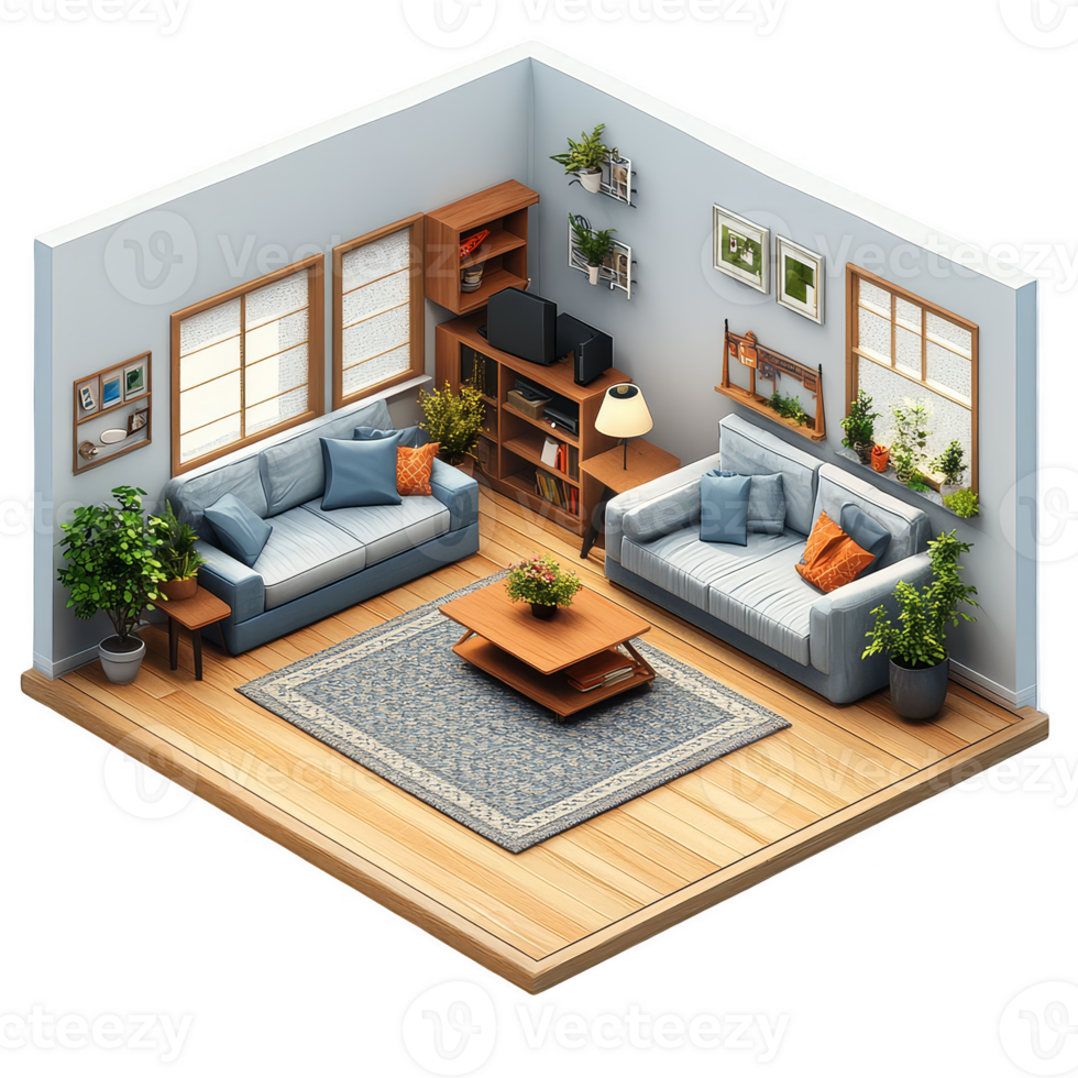 A 3d model of a living room with furniture png