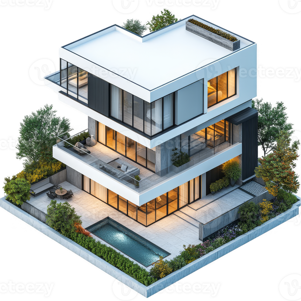 3d rendering of a modern house with a pool png