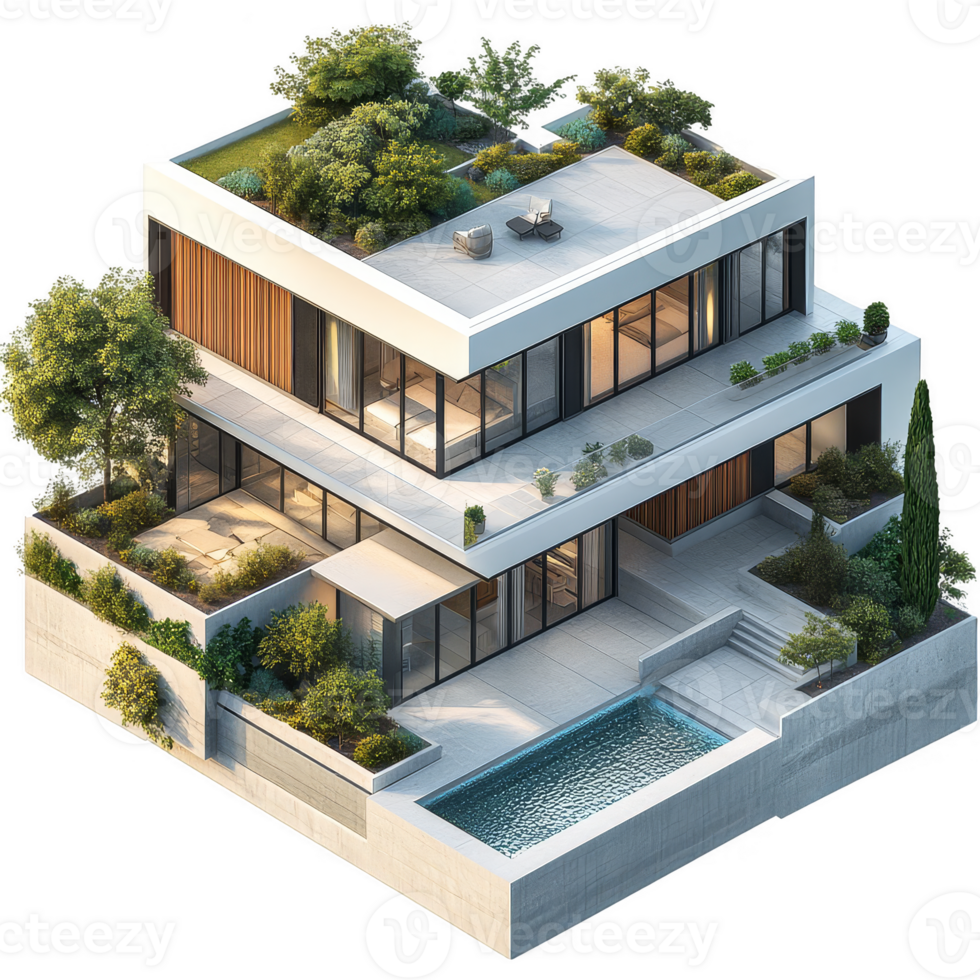 3d rendering of a modern house with a pool png