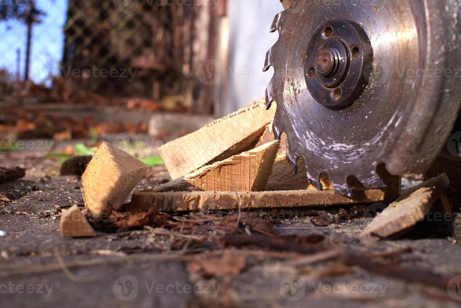 Circular saw blade slices through logs, scattering wood shavings and debris around a rustic workshop photo