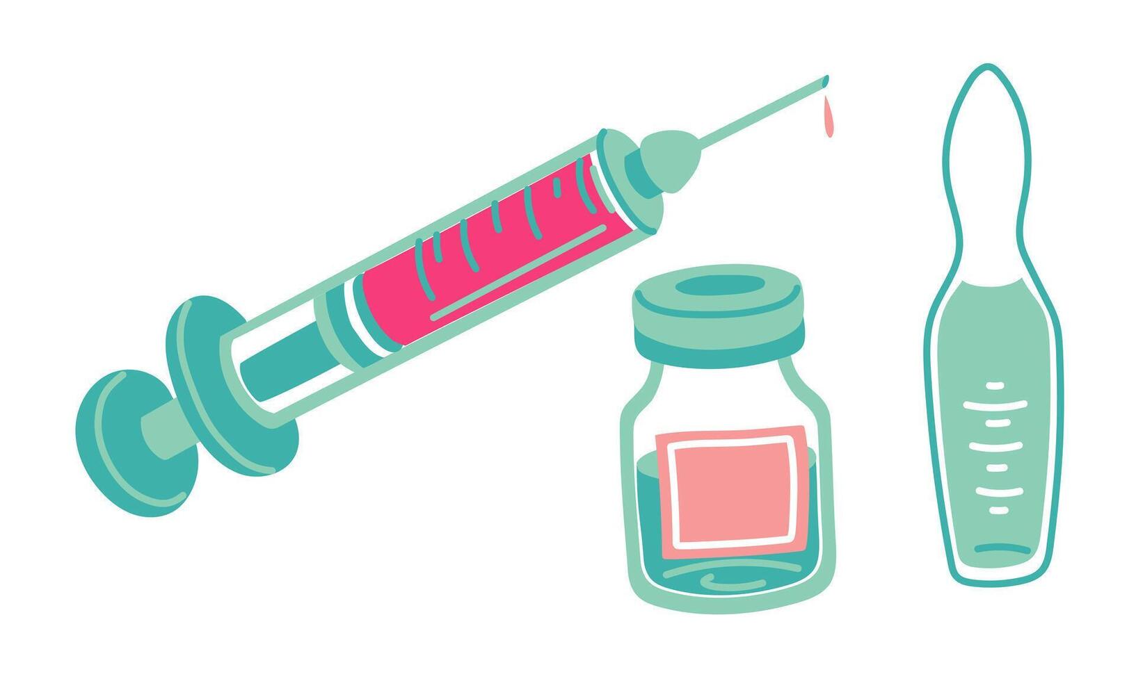 A syringe with different ampoules for injection. A flat collection on medical topics. Injection items in pink and blue colors. Creative illustration design, abstract idea for infographics vector