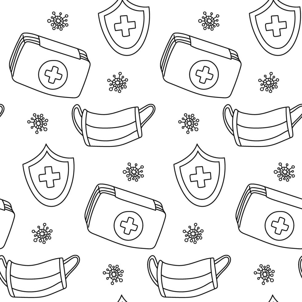 Seamless pattern with doodle medicine and healthcare. first aid kit, a cross on a shield, a mask and a virus on white. elements of the pattern are made in monochrome style. Topic treatment of illness vector