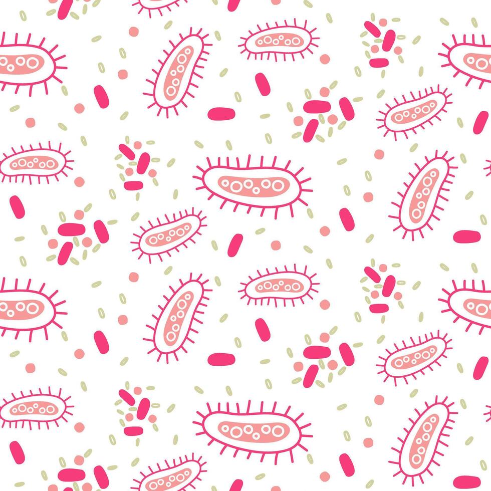 A pattern with pink microbes, viruses and bacteria. Viruses of various shapes and quantities with streamlined shapes. Seamless texture on the theme of the disease on white. Medicine, science, study vector