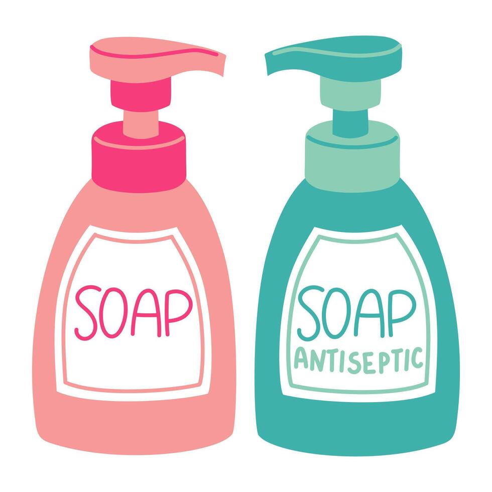 set of flat bottles with a dispenser of antiseptic and ordinary liquid soap. Colored jars with soap dispensers to ensure cleanliness and hygiene hands, body, face. Purification from bacteria, microbes vector