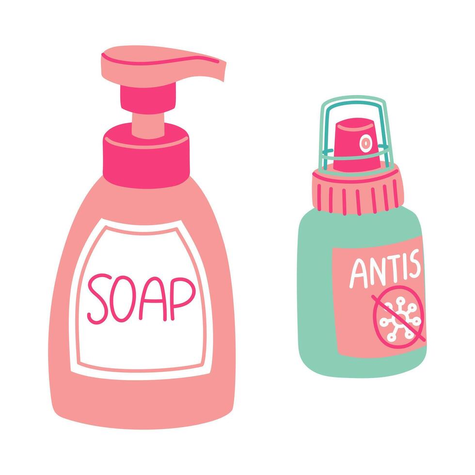 Set flat jars with antiseptic spray and liquid soap dispenser. Colored jars with liquid to ensure cleanliness and hygiene of hands, body, face. Purification from bacteria, microbes. Spray, dispenser vector