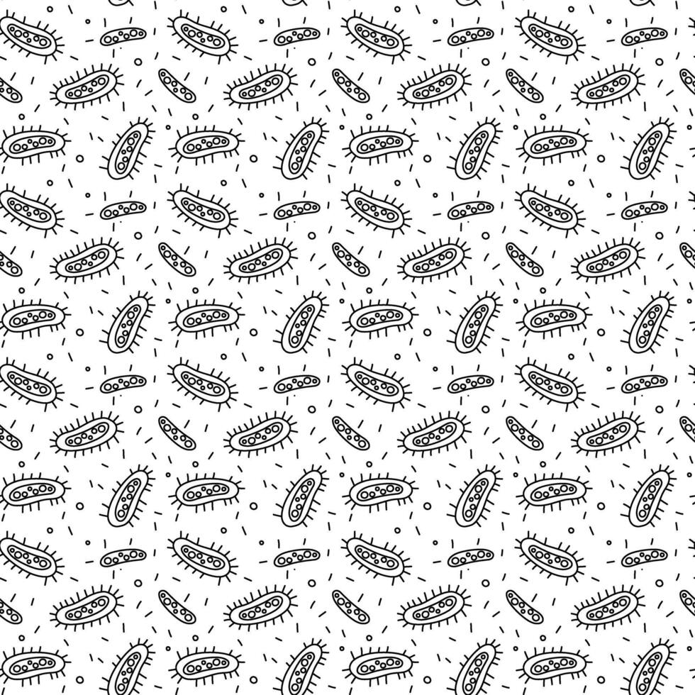 Seamless drawing with bacteria doodles. bacteria are depicted in different sizes and conditions. Round elongated elements with villi are assembled. The texture is in monochrome colors. Dynamic vector