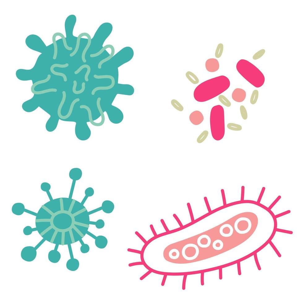 Flat illustration of a set of blue and pink microbe, virus, bacteria highlighted on a white background. Viruses of various shapes and quantities with streamlined shapes. Isolated molecules vector