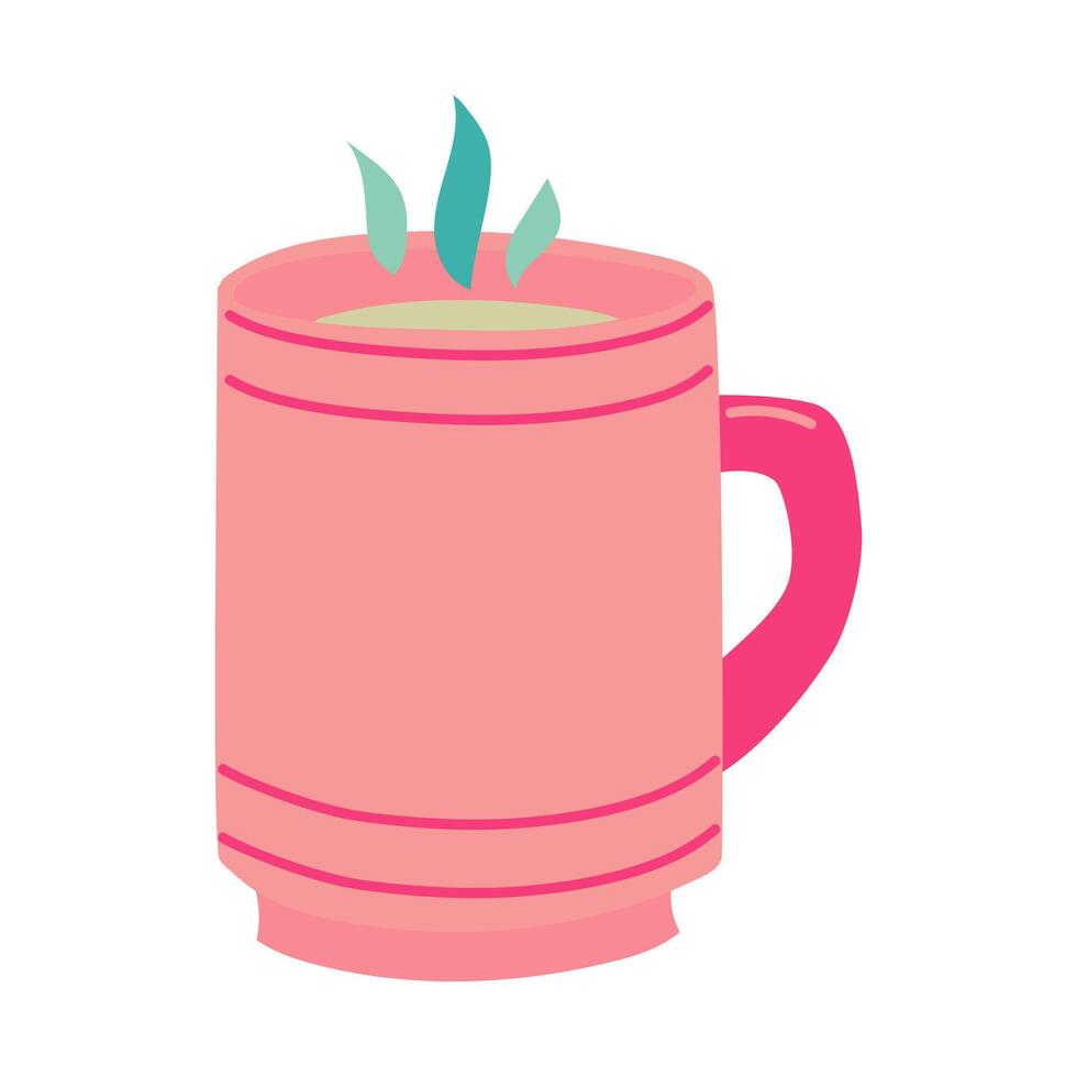 Flat illustration of a pink square cup with warm liquid. Blue, pink, yellow colors. An elongated glass with a pink handle with blue steam and yellow liquid insulated element on white vector