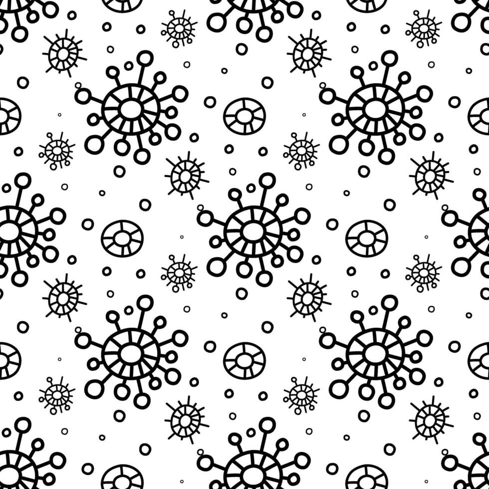 Seamless drawing with bacteria doodles. bacteria are depicted in different sizes using prickly antennae with circles and funny lines. the drawing is made in monochrome style. Dynamic fun design vector