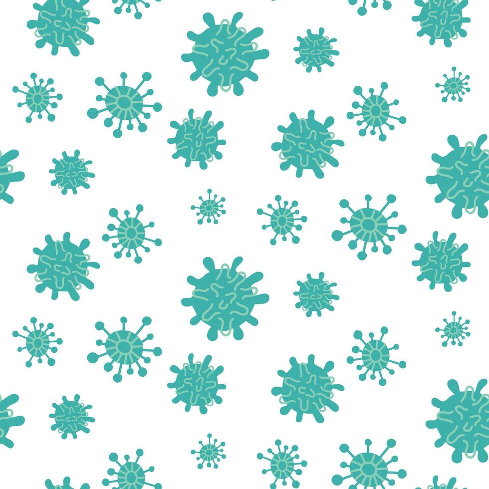 pattern with blue microbes, viruses and bacteria. Viruses of various shapes and quantities with streamlined shapes. Seamless texture on the theme of the disease on white. Medicine, science, study vector