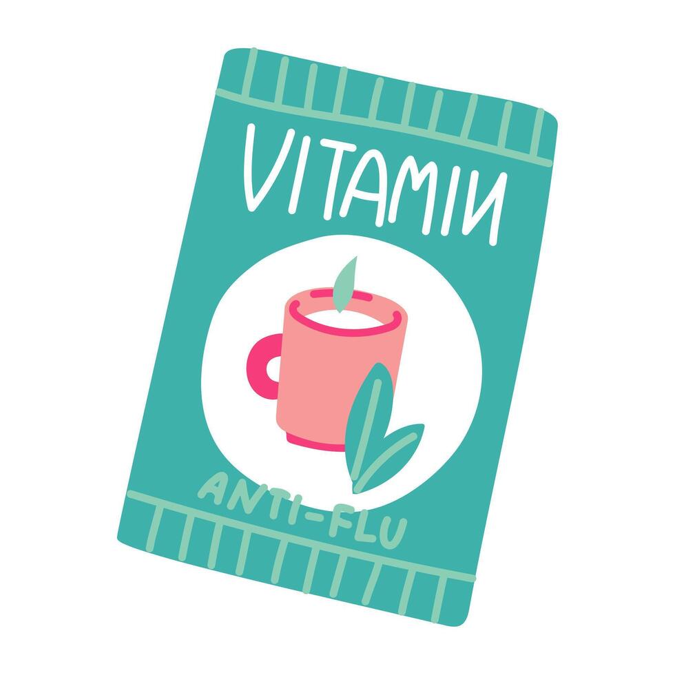Flat illustration of a blue bag of ANTI-FLU cold powder. The bag is depicted in the form of a rectangle. It shows a pink mug with steam and leaves. Anti-disease powder, temperature isolated vector