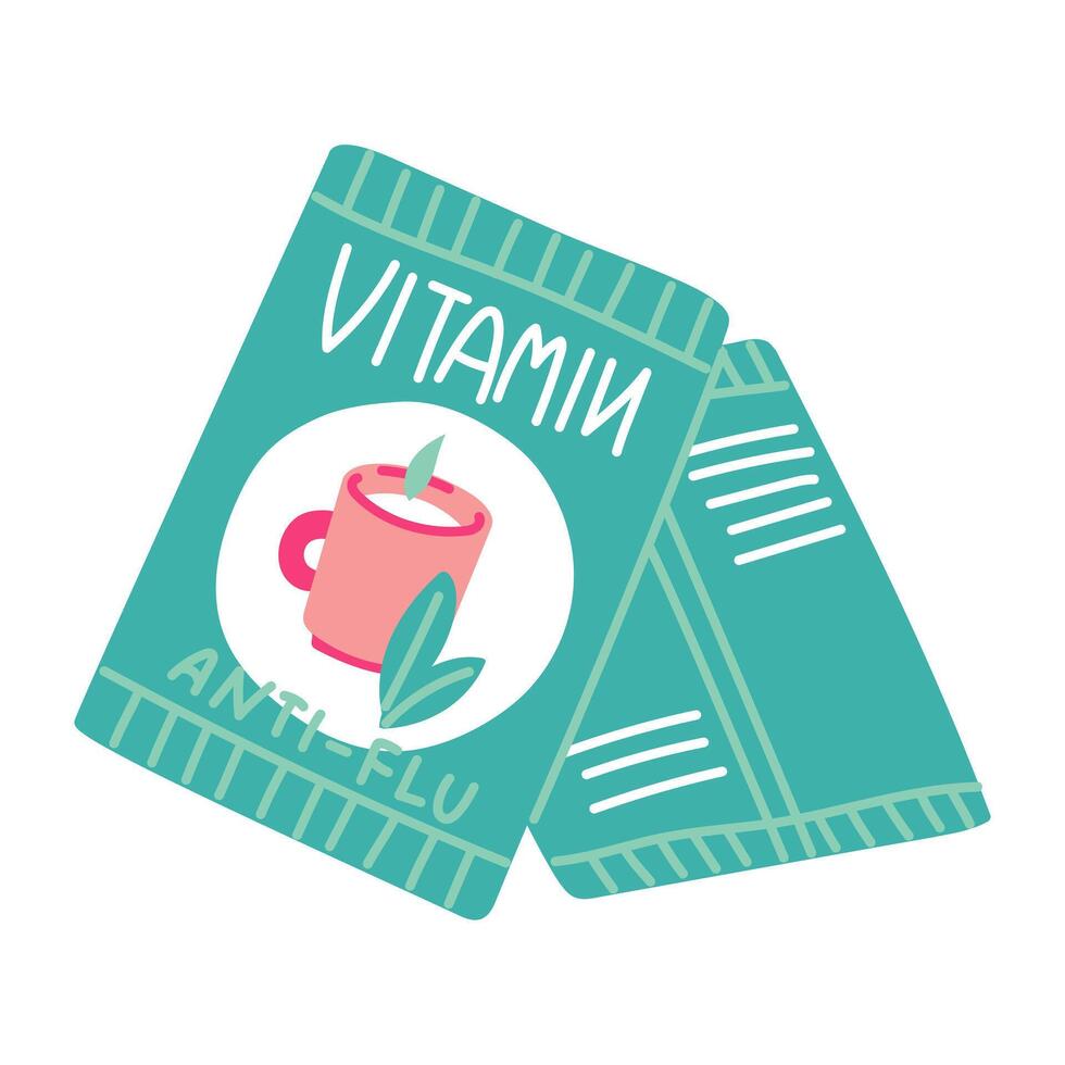 A flat illustration of two blue bags of cold powder against the FLU. The package is shown as a rectangle. It shows a pink mug with steam and leaves. Powder for diseases, isolated. Vitamin vector