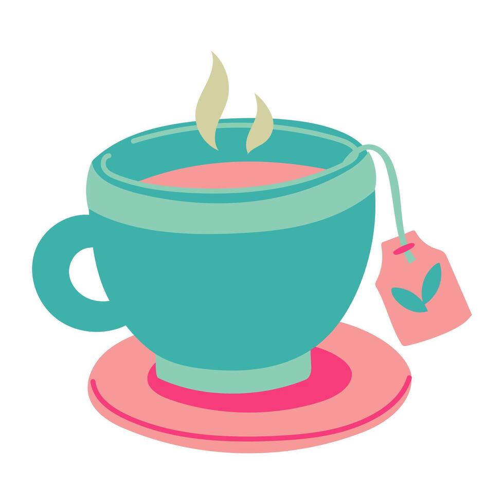 Flat illustration of a blue tea cup with a tea bag. Blue, pink color, imitating tea. Tea bag is depicted as rectangle hanging on the edge of the cup, descending from the threads into the water vector