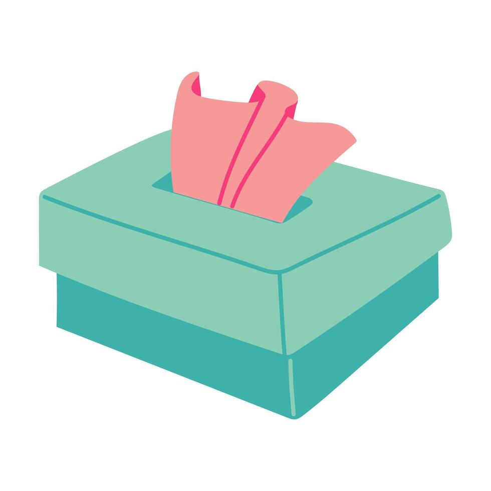 box of paper napkins for colds and flu is flat. Pink napkins on white stretch out of the blue box. The concept of medicine, health care, self-care. Dry to absorb tears, snot, wipe the surface. vector