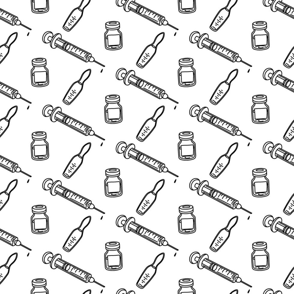 pattern with a black and white outline of a syringe with medicine ia jar and ampoule. illustration of medical injections in a repeating texture. product for medical use of medicines. Seamless vector