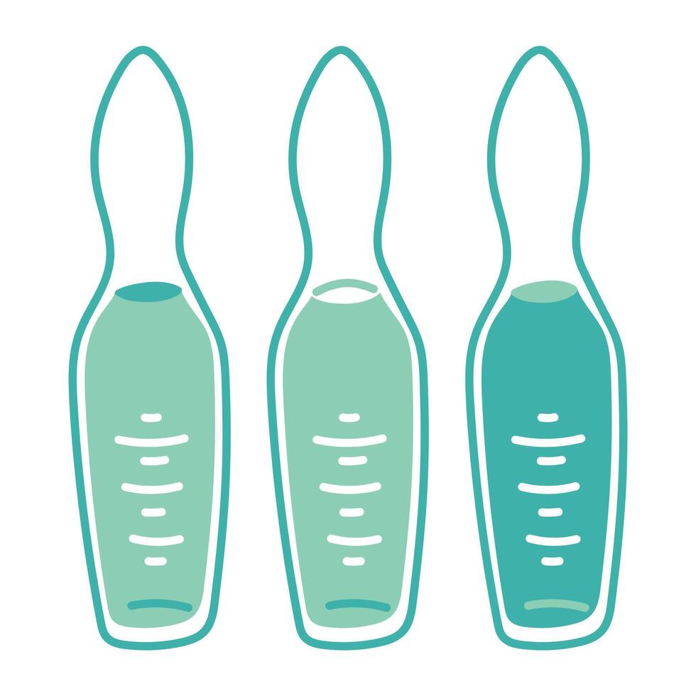 A set of ampoules in a flat style stand in a row. Blue elongated glass containers made of glass with liquid medicine for treatment. Medicine for injections. Medical elements in case of illness vector