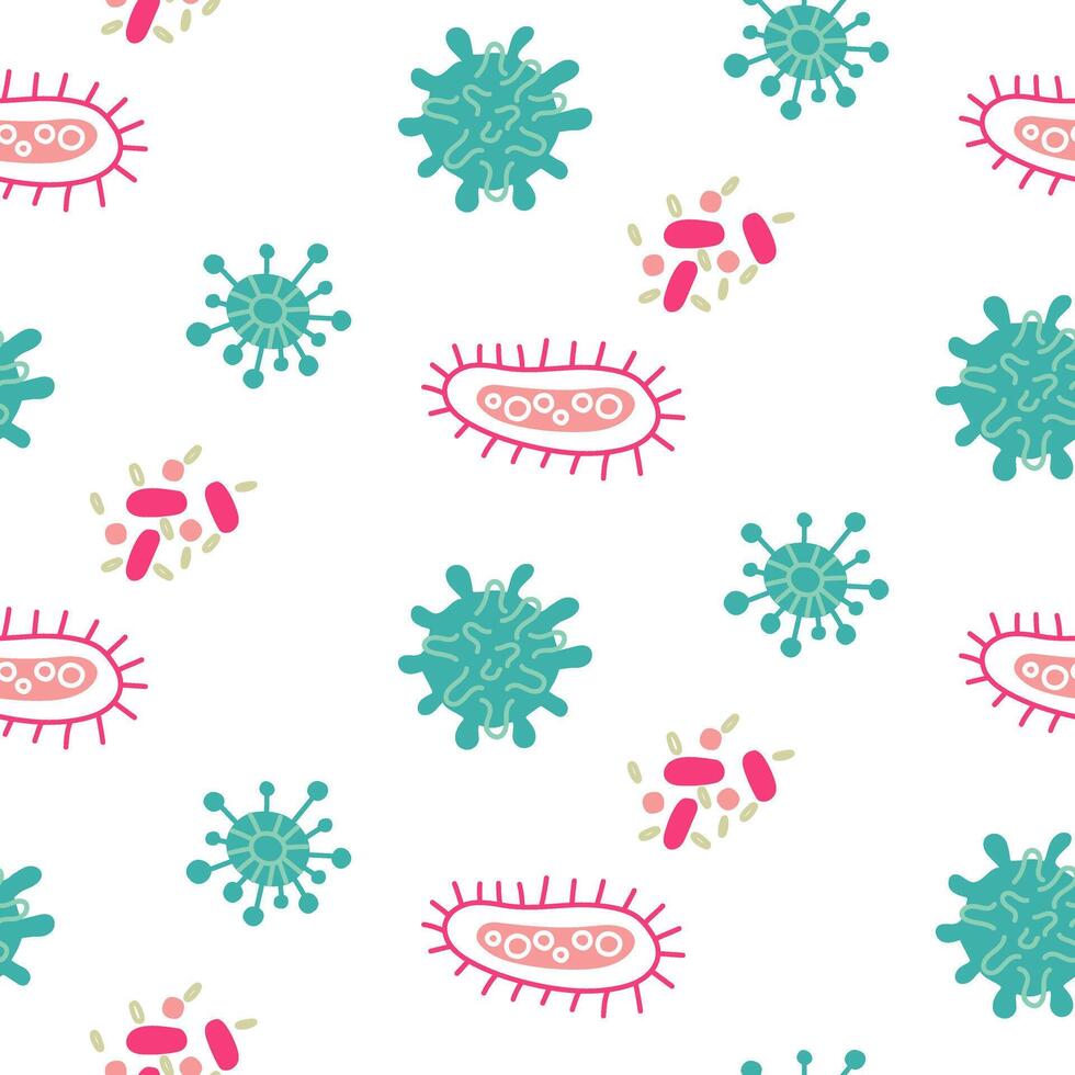 A pattern with blue and pink microbes, viruses and bacteria. Viruses of various shapes and quantities with streamlined shapes. Seamless texture on the theme of the disease on white. Medicine vector