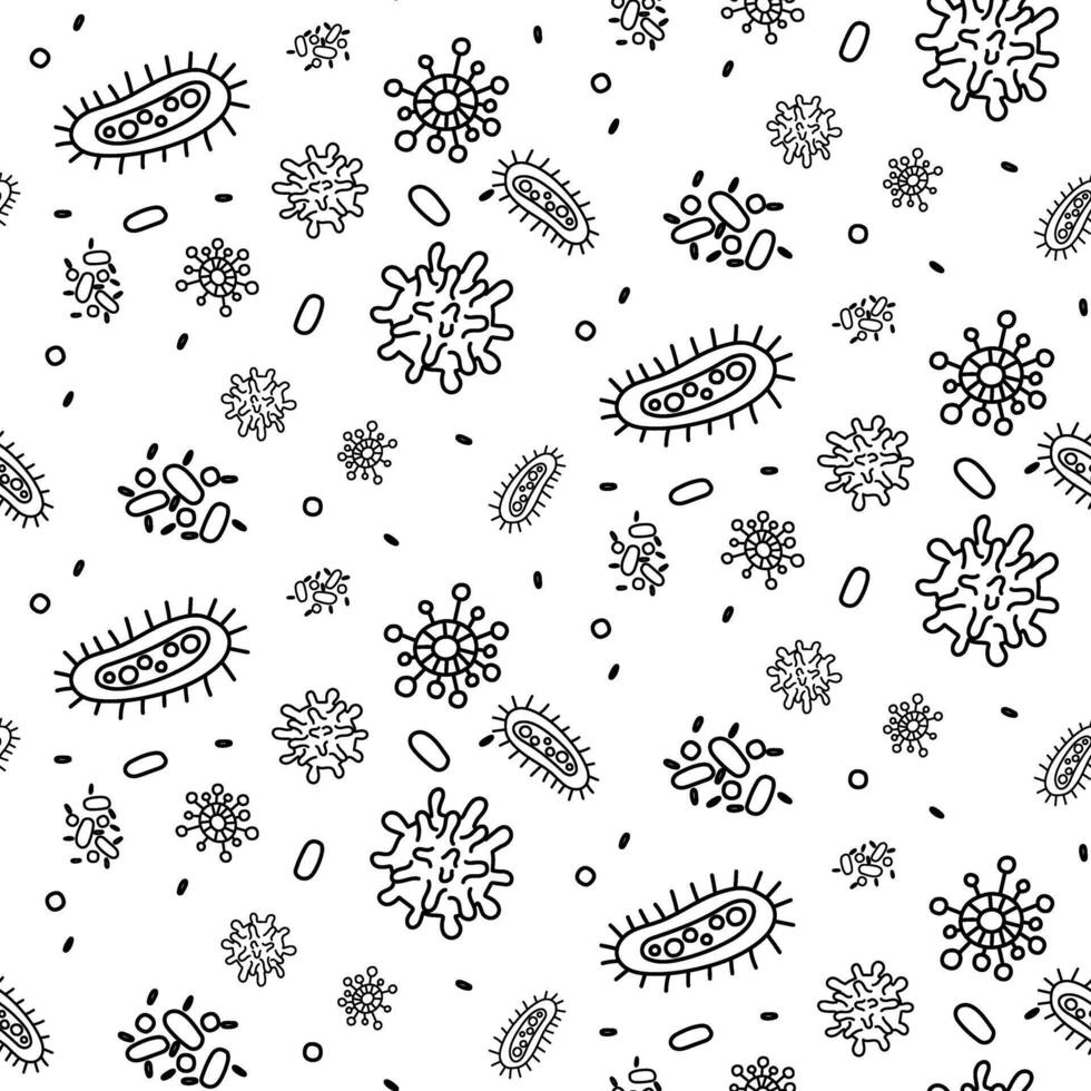 Seamless pattern with doodle bacteria. Bacteria are depicted in different shapes and sizes using funny lines and patterns. pattern is made in monochrome style, creating a dynamic and fun design vector