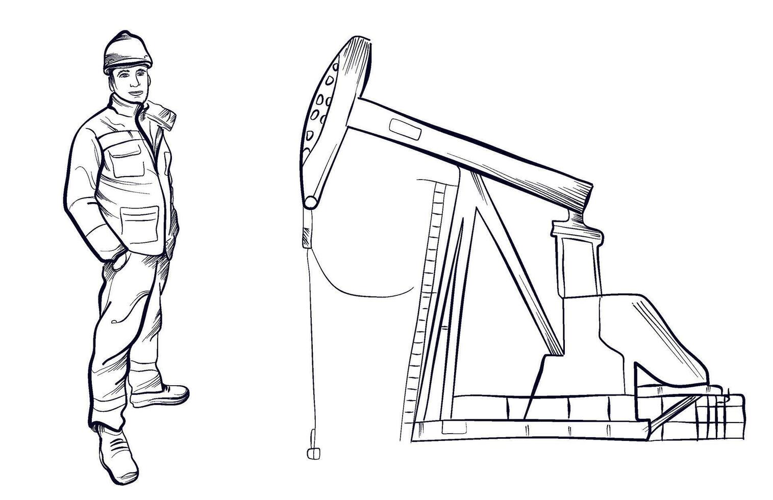 a set of black and white hand-drawn drawings of an oil pump and an engineer's man vector